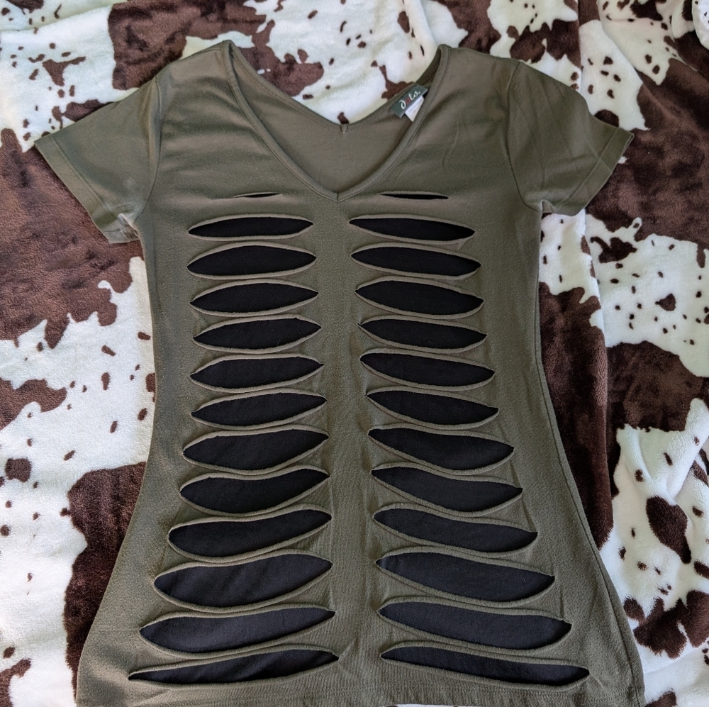 Olive Cutout Short Sleeve T-Shirt